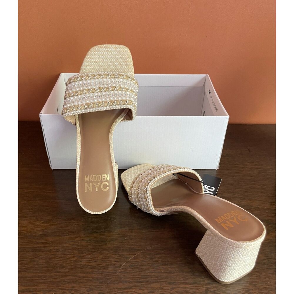 Madden NYC Raffia Pearl Rhinestone Heeled Slide Sandals Size 6 NWT
